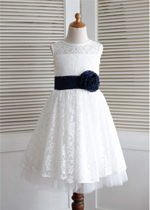 Ivory Lace Tulle Knee Length Flower Girl Dress 